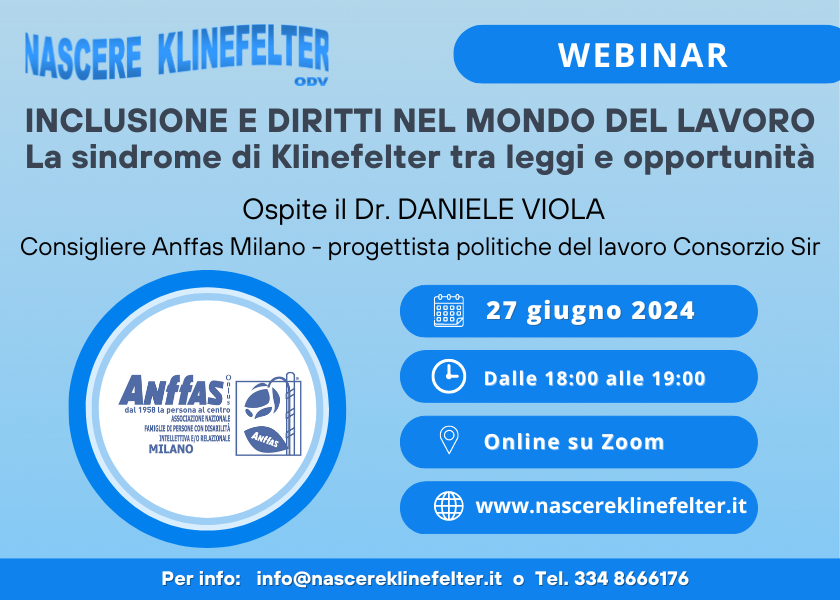 Webinar: INCLUSIONE E DIRITTI NEL MONDO DEL LAVORO. La sindrome di Klinefelter tra leggi e opportunità.